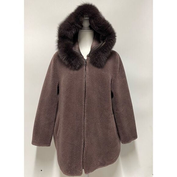 Wool Shearling Hooded Coat (Brown) - fits like a small! - Picture 2 of 14